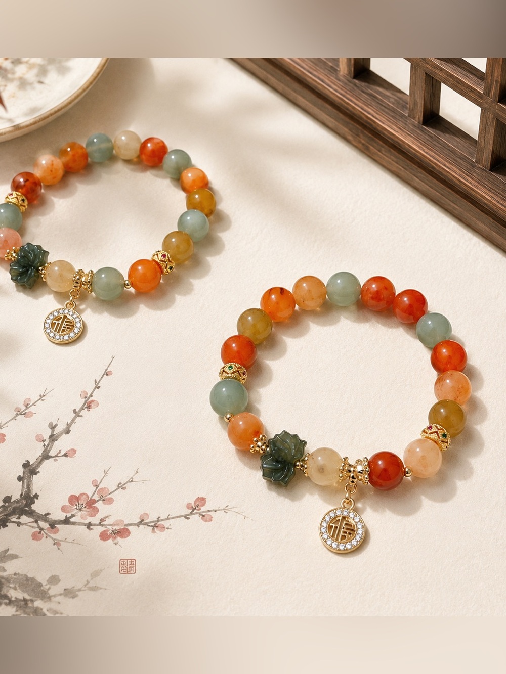 Handmade GoldenSilk Jade Bracelet ｜ Green Jade Lotus Charm & Lucky Fu福Dangle